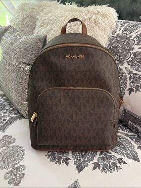 Michael Kors Dark Brown Signature MK Backpack with Gold Hardware